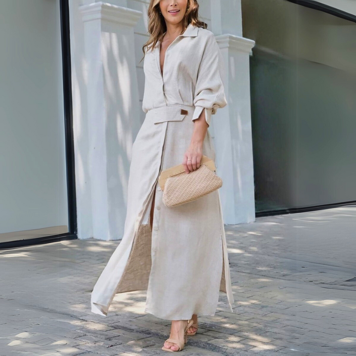 Women's elegant long-sleeve collared shirt maxi dress, perfect for a wedding guest or special occasion.
