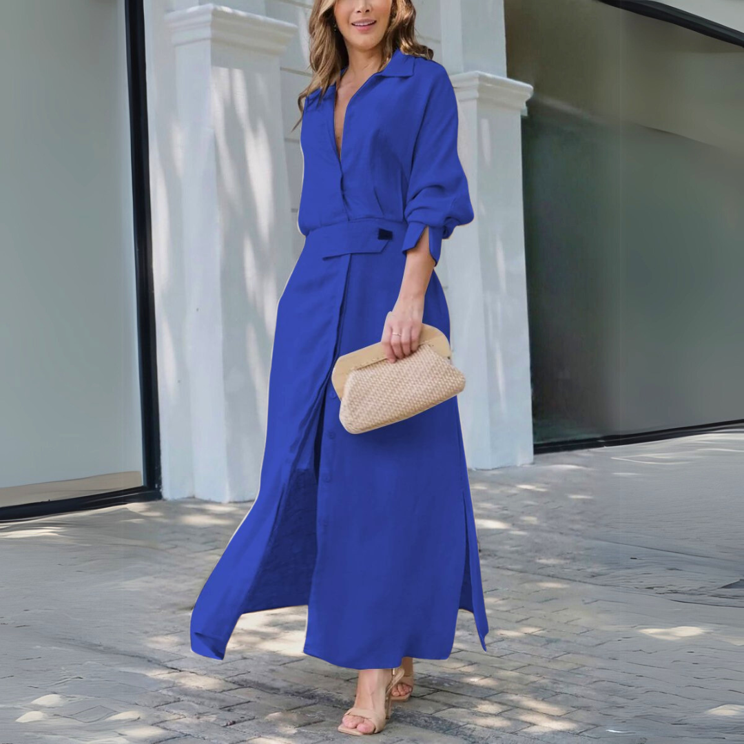 Women's elegant belted long-sleeve maxi shirt dress featuring a sophisticated collar, great for wedding guests.