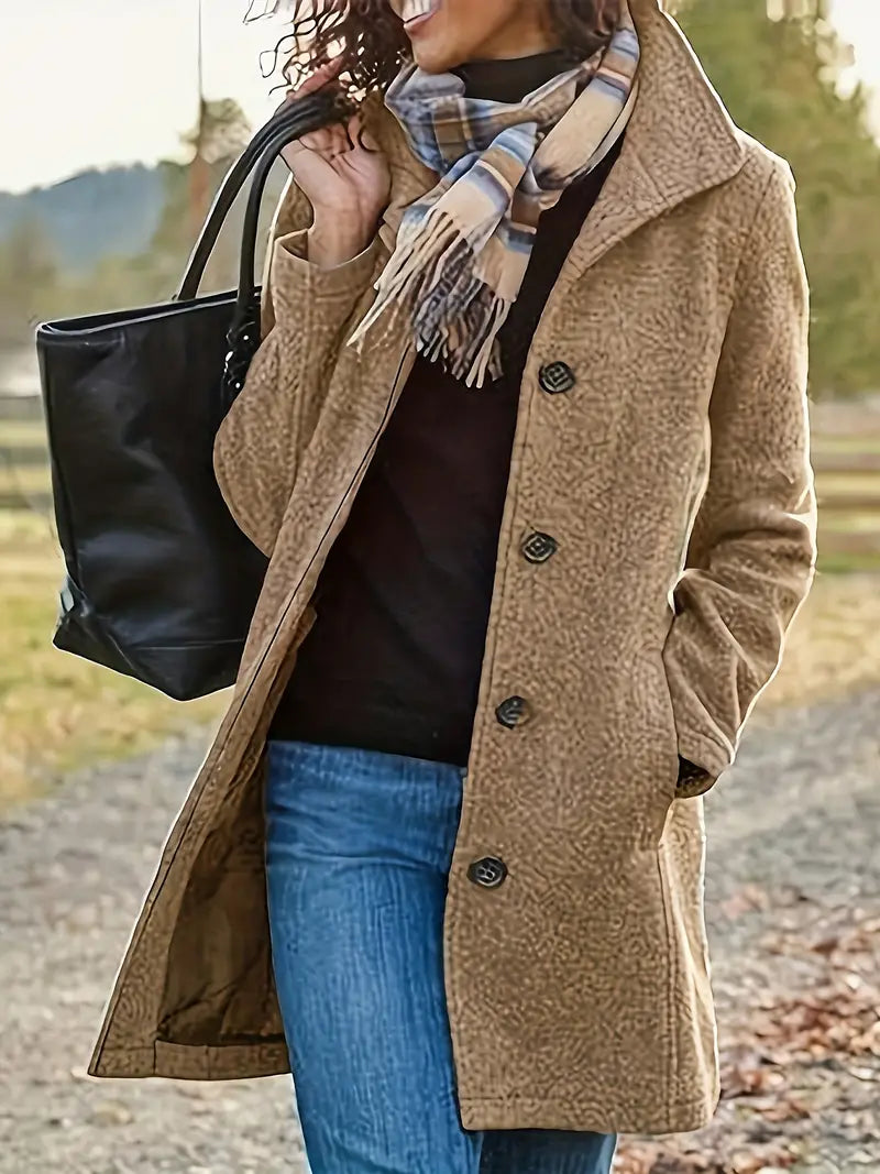 Chic women's mid-length trench coat featuring a lapel collar & secure button-front, versatile fall & winter outerwear.