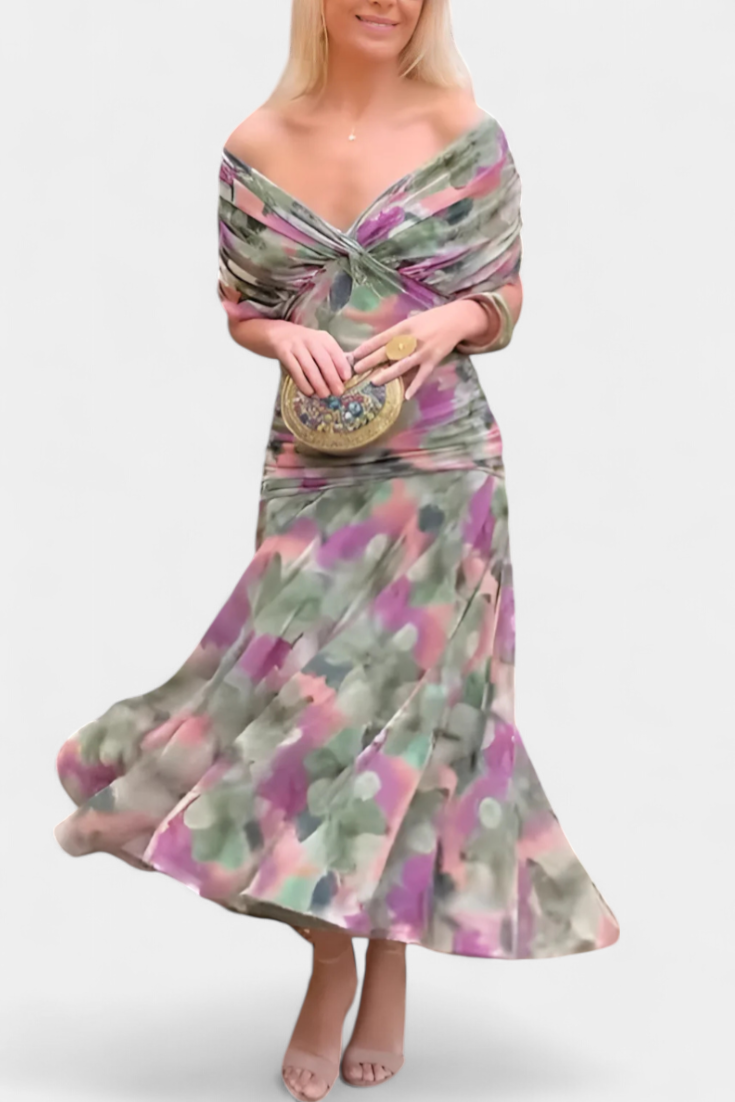 Stylish women's draped maxi dress, off-shoulder neckline, perfect for formal events & parties.