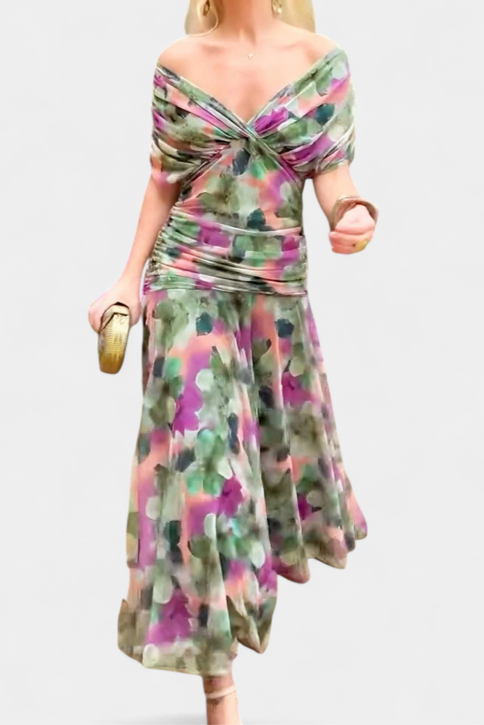 Women's sophisticated off-shoulder draped maxi dress, a perfect choice for elegant evening wear.
