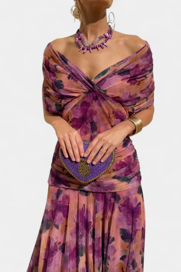 Off-shoulder women's party dress, elegant draped design, perfect as a wedding guest maxi.