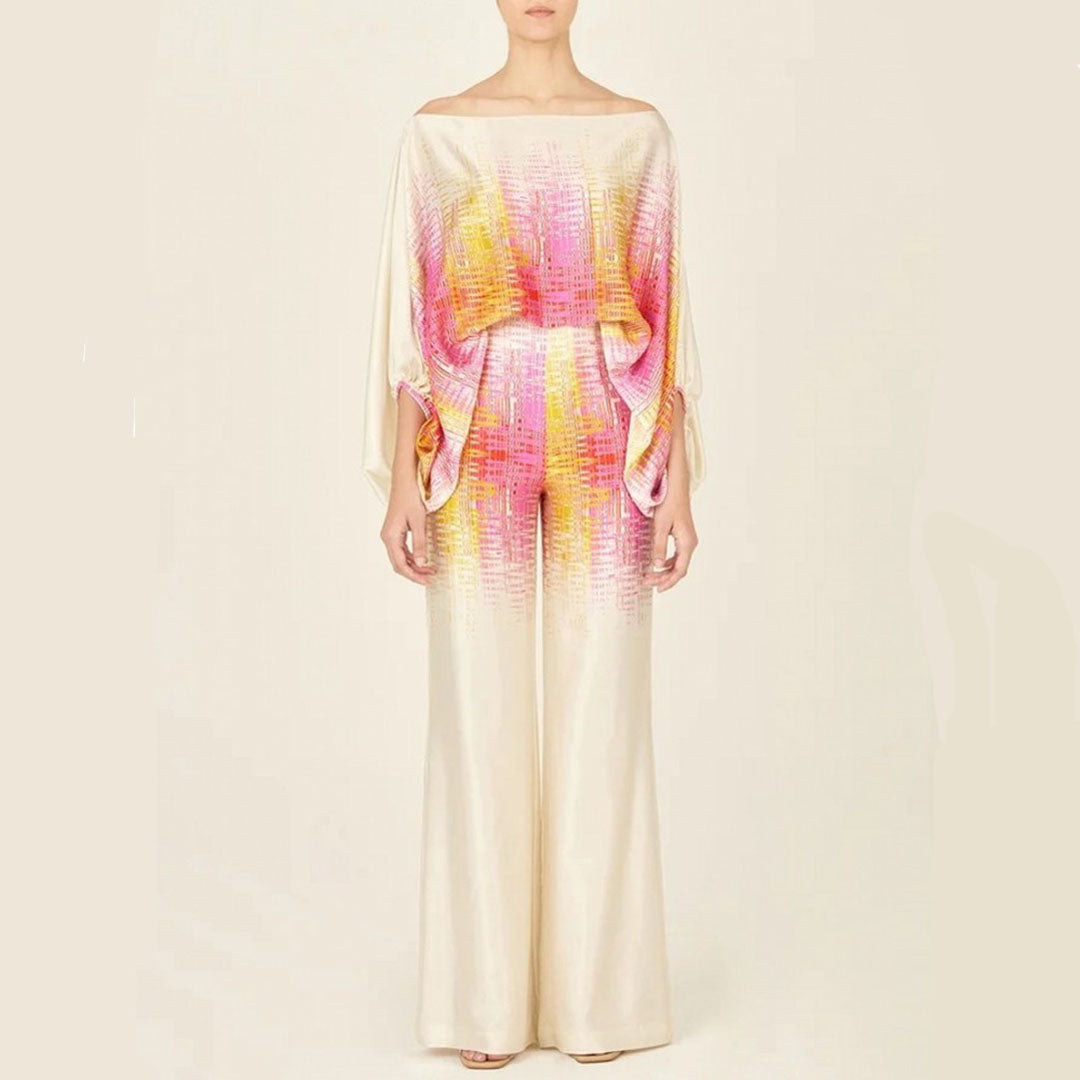 Ladies' elegant one-shoulder printed pants set with abstract design, a chic and versatile outfit for any occasion.