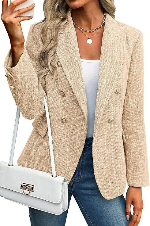 Women's tailored open front blazer, featuring elegant gold buttons on sleeves & front for a chic, professional look.