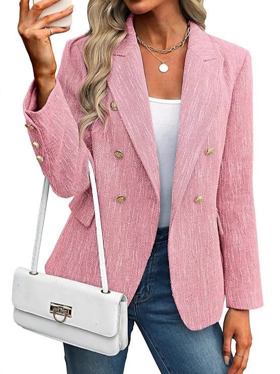 Premium women's open front blazer with luxurious gold buttons. An essential elegant tailored jacket for all occasions.