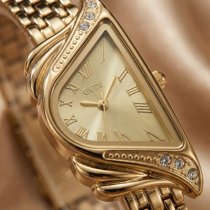 Gold women's elegant quartz watch, irregular rhombus dial. A chic and modern water resistant timepiece.