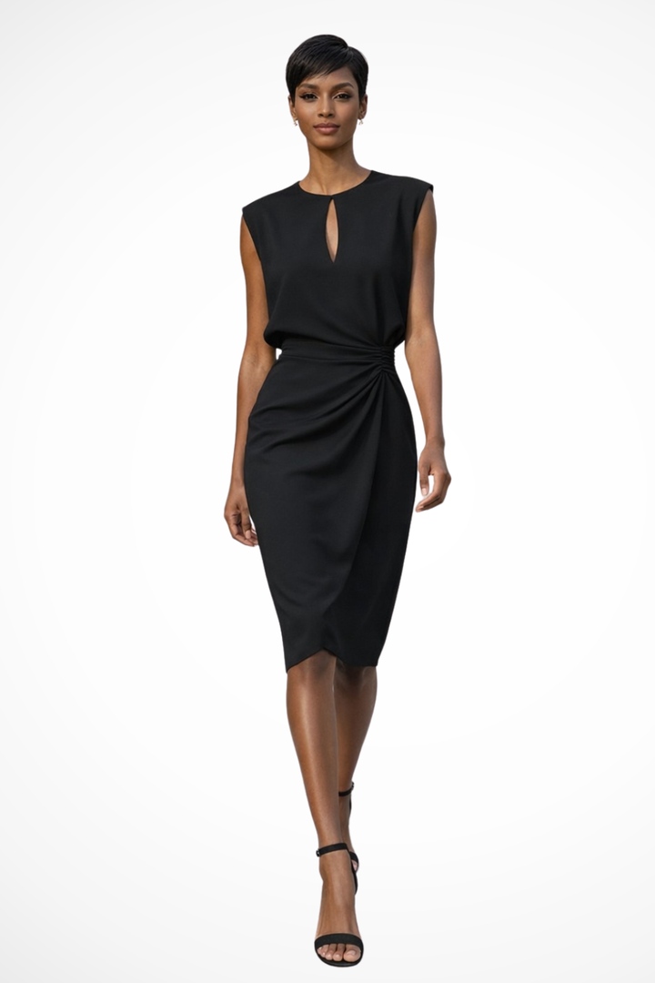 Stylish women's wrap midi dress with elegant ruching & cap sleeves, offering a comfortable, flattering fit for women.
