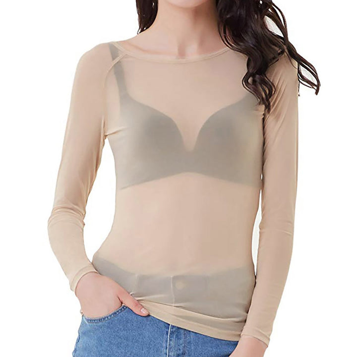 Women's sophisticated sheer mesh long sleeve top. Versatile pullover for evening events & special occasions.