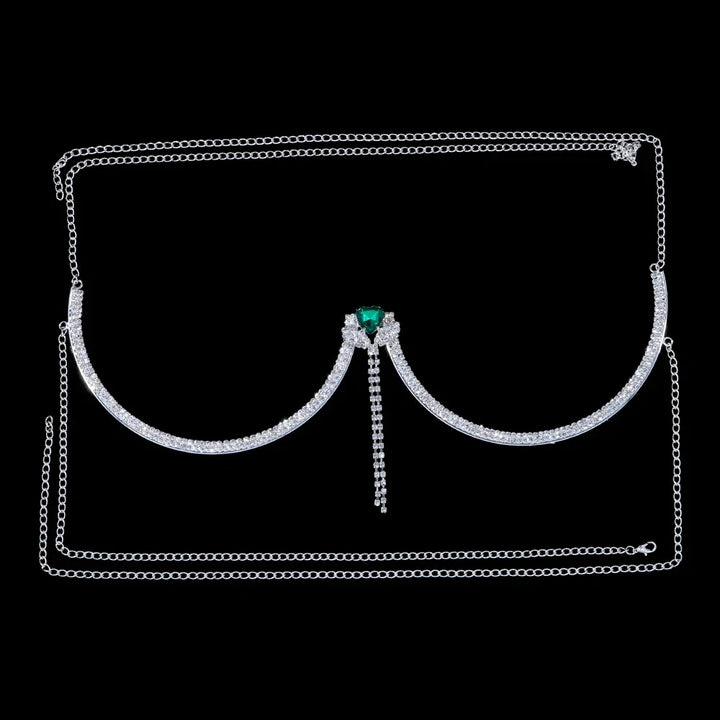 Stunning women's heart crystal body chain with shimmering rhinestones. Perfect silver fashion accessory.