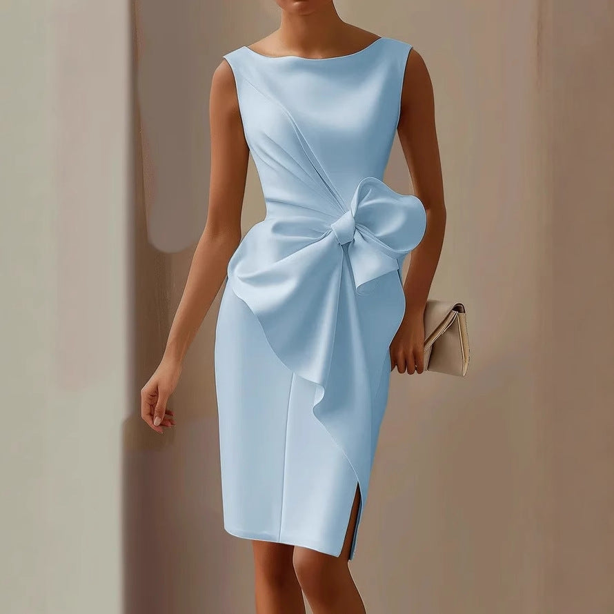 Chic women's short sleeveless dress, perfect for evening wear. Features a flattering waist tie and boat neck.