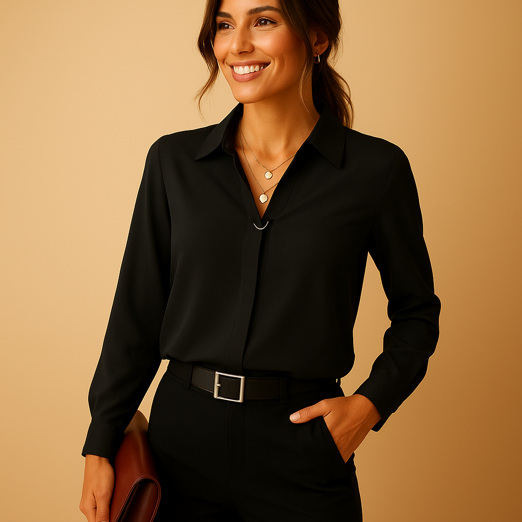 Women's elegant solid blouse, perfect for versatile office and casual wear. Chic button-up style.