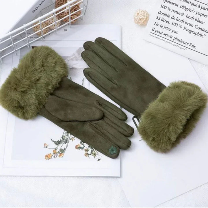 VelvetGlam women's suede gloves with cozy faux fur trim for winter style.