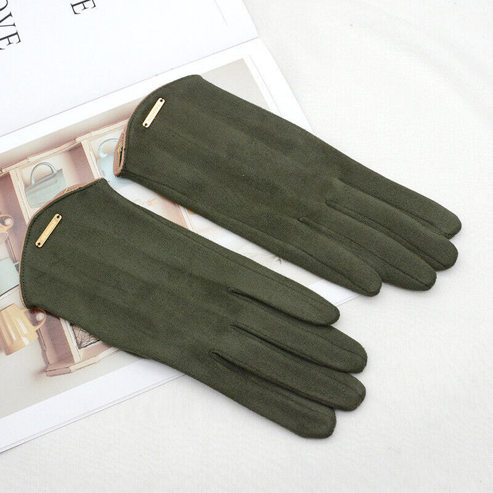 Premium women's suede gloves with cashmere lining and touchscreen functionality for cold weather fashion.