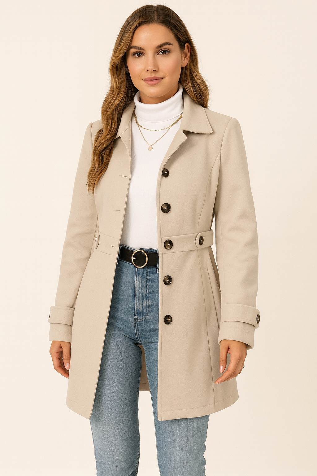 Women's elegant trench coat, classic collar & adjustable belt, perfect fall outerwear & office fashion.