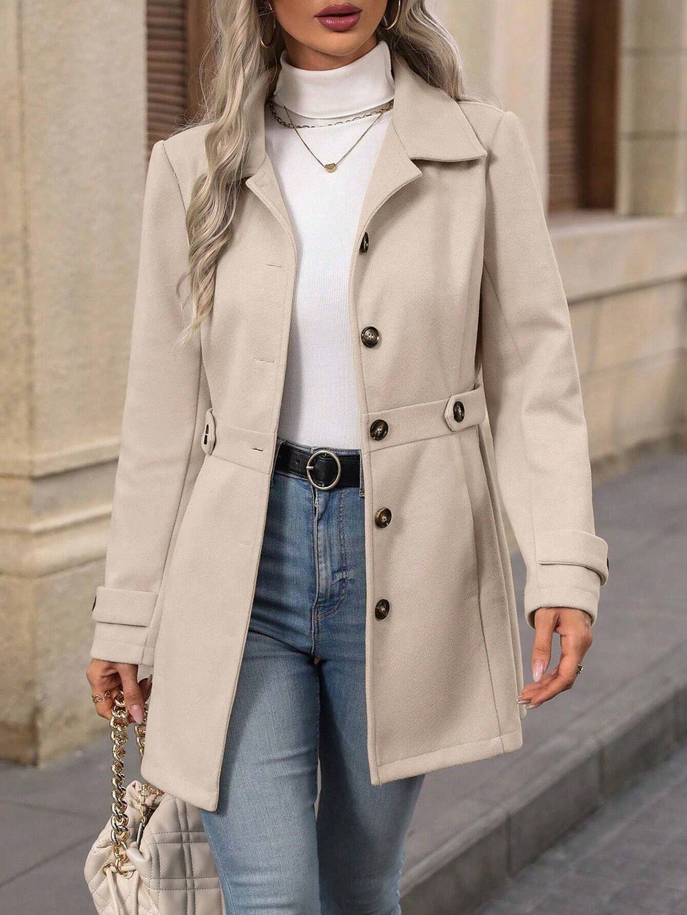 Champagne women's elegant trench coat, classic collar & adjustable belt, versatile fall & winter style.