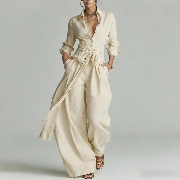 Women's elegant two-piece co-ord set with a button-down shirt and wide-leg pants, perfect for casual chic.
