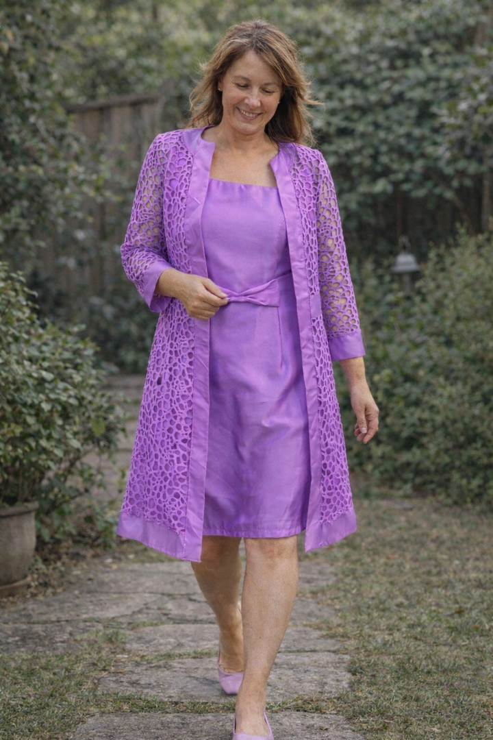 Sophisticated women's elegant dress & jacket set. Two-piece formal wear, perfect for special occasions.