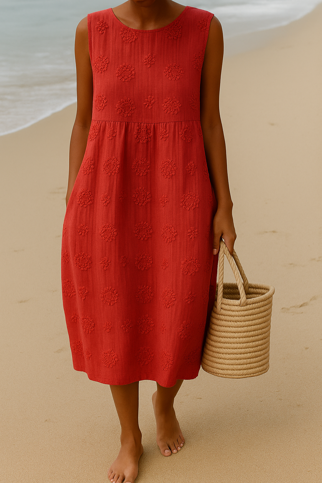 Casual women's summer midi dress, sleeveless and embroidered, offering comfort and chic everyday style.