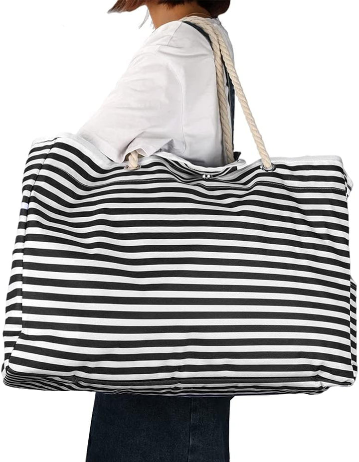 Women's extra large waterproof beach tote, blue/white stripes, with bonus travel case. Perfect for vacation.