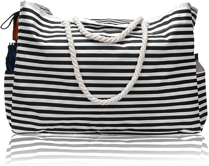 Multi-purpose extra large waterproof tote. Women's striped beach bag with convenient bonus pouch.