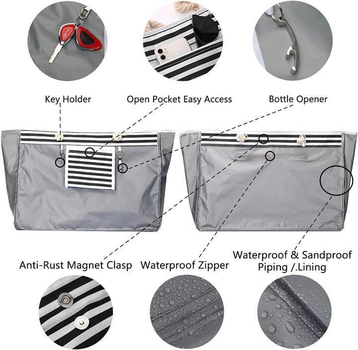 CoastCarry women's oversized sandproof beach bag. Ideal utility tote for all your travel essentials.