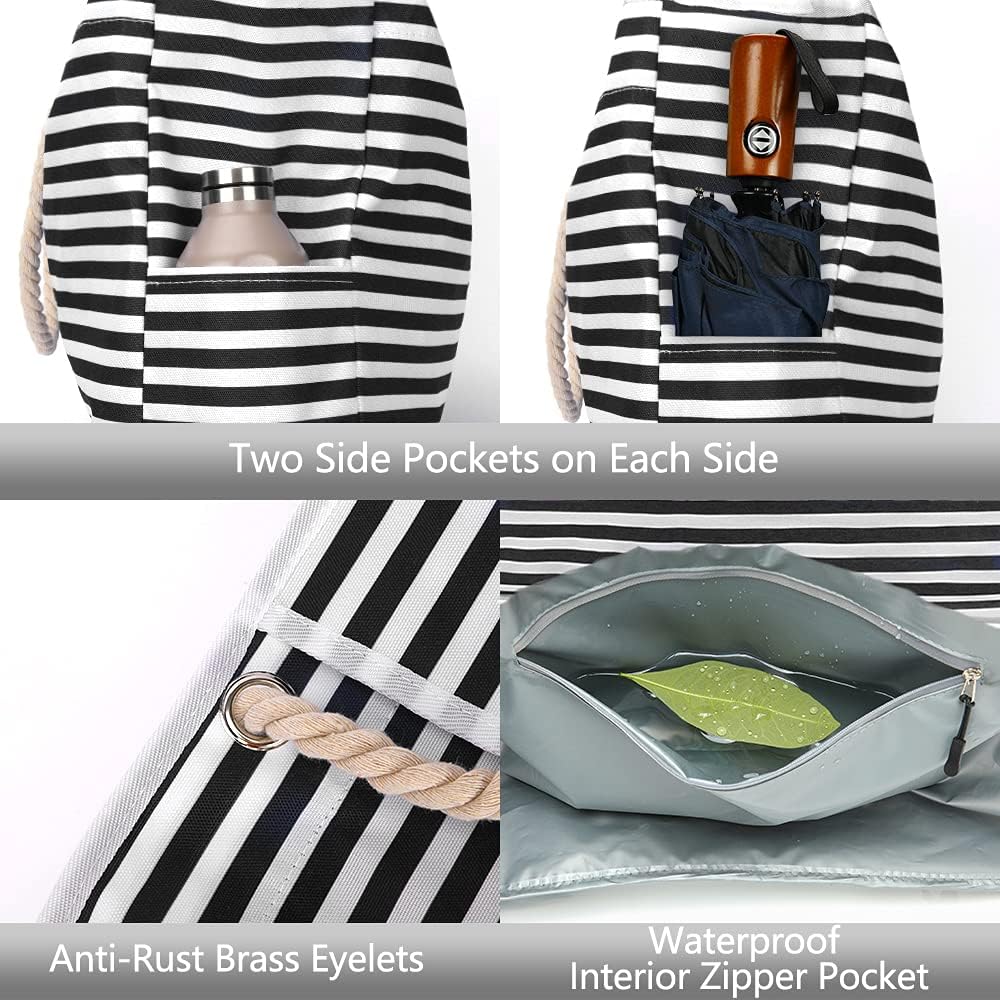 Stylish striped waterproof beach tote for women, extra large capacity. Includes a matching bonus pouch.