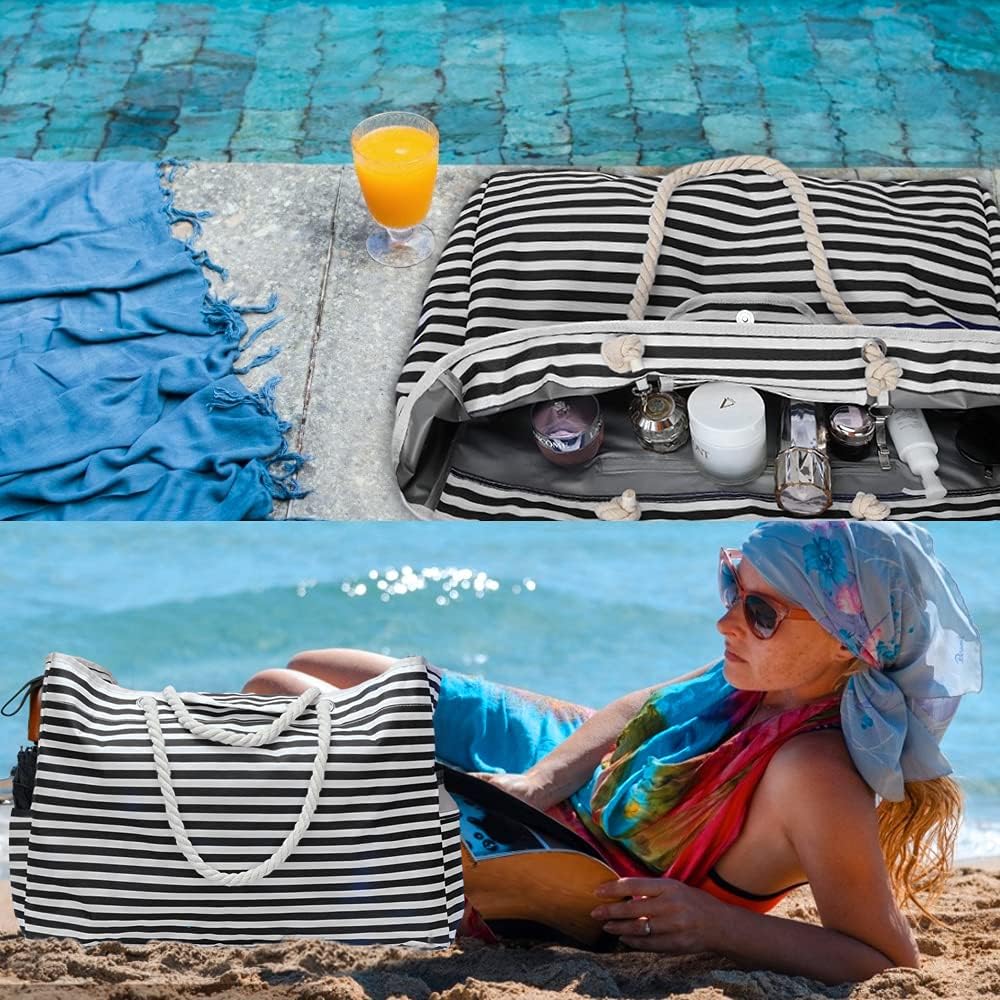 Durable extra large waterproof tote bag for beach or pool. Comes with a handy bonus travel case.