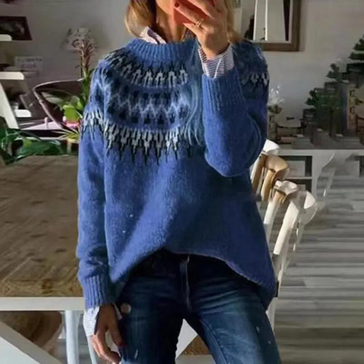 Cozy women's Fair Isle crewneck sweater for winter. Stylish seasonal knit with relaxed fit & long sleeves.