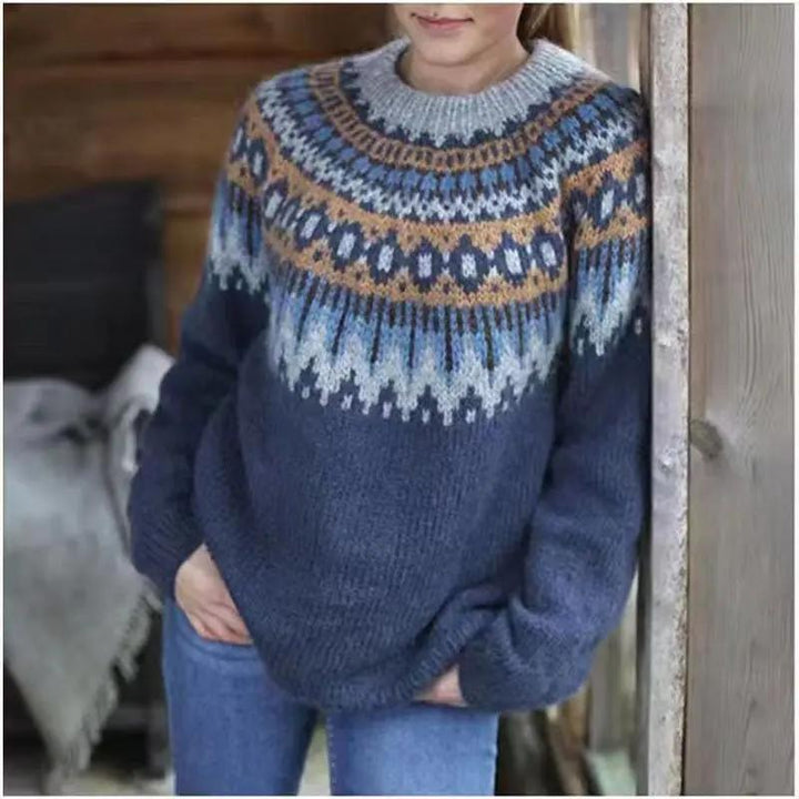 Elegant women's Fair Isle pattern crewneck jumper. Soft, cozy winter knit sweater, perfect for seasonal fashion.