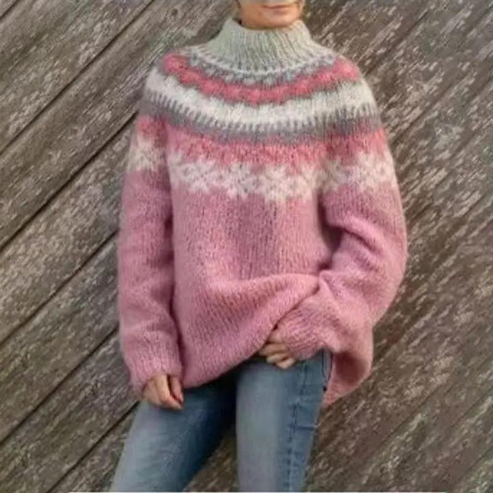 Relaxed fit Fair Isle women's crewneck jumper. Warm winter knit sweater, ideal for cozy, stylish seasonal wear.