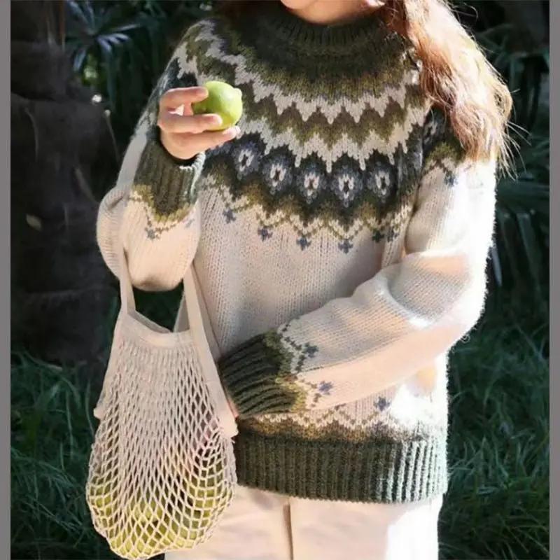 Stylish women's Fair Isle crewneck sweater. Cozy winter knit jumper with long sleeves, perfect for relaxed fashion.