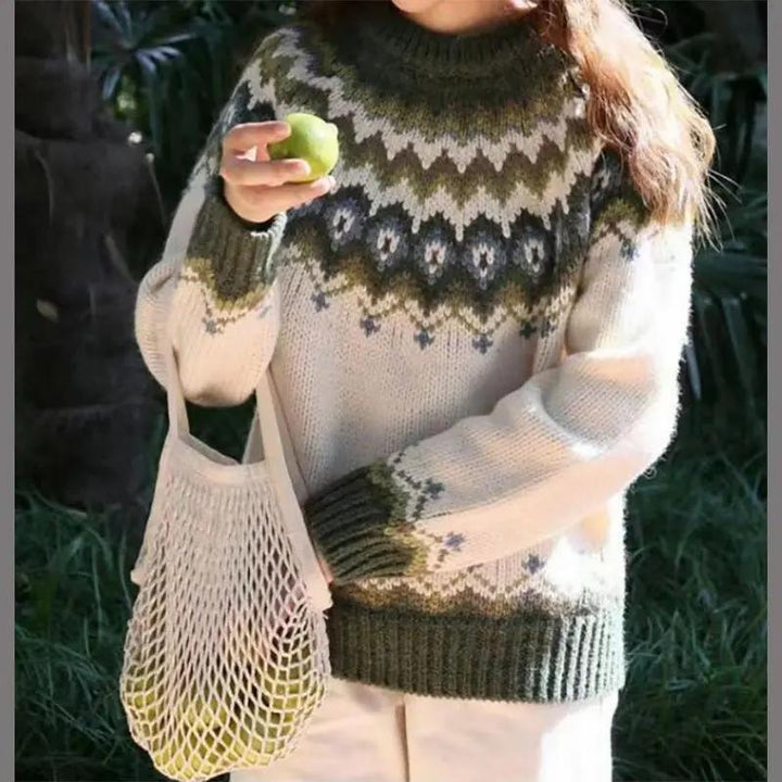 Stylish women's Fair Isle crewneck sweater. Cozy winter knit jumper with long sleeves, perfect for relaxed fashion.