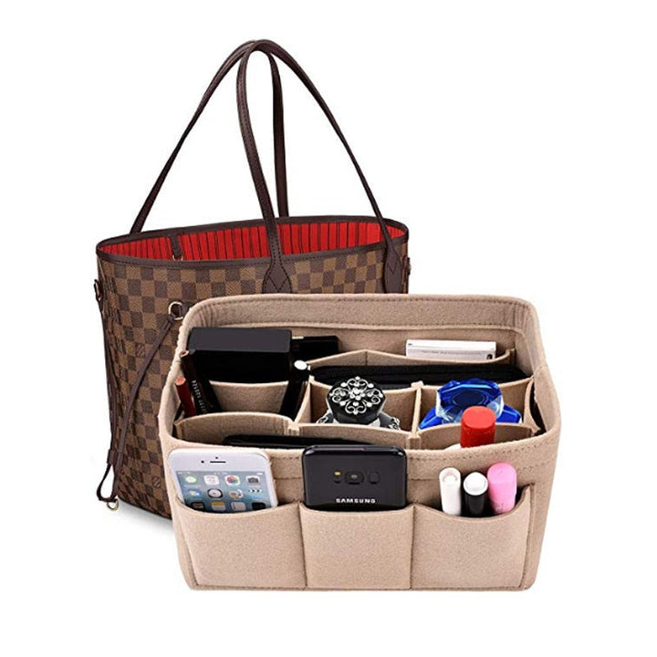 Women's felt handbag organizer insert, multi-pocket for purses & totes, keeping items tidy.