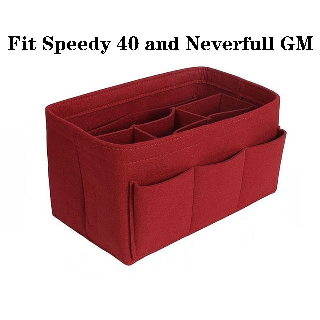 Premium felt bag liner and purse insert with 13 pockets for superior organization.