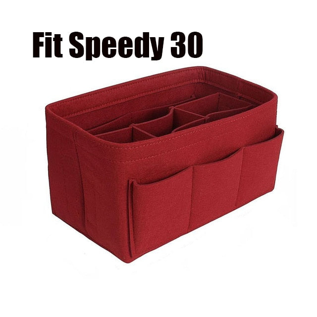 Essential felt handbag organizer with 13 pockets for women's bags, keeping items neat.