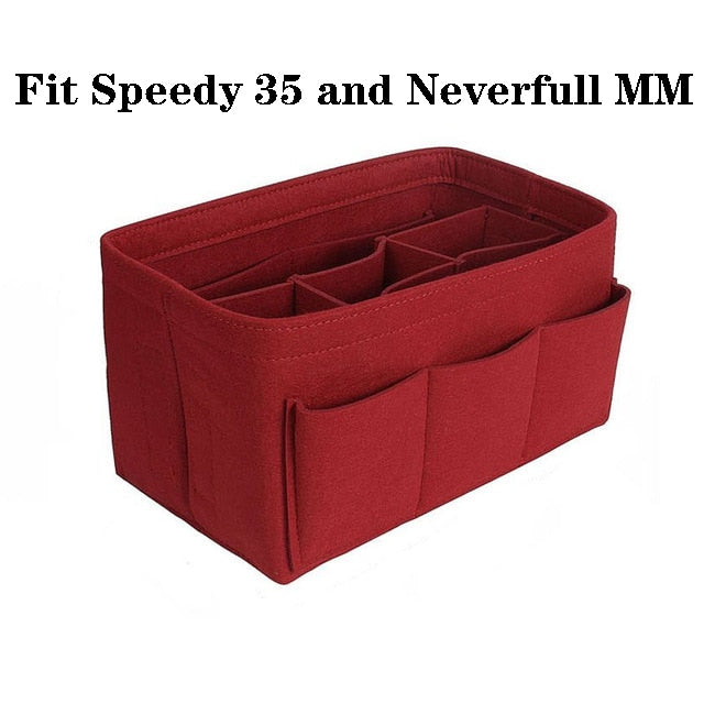 Detailed view of felt handbag organizer insert showing multiple pockets for internal bag organization.