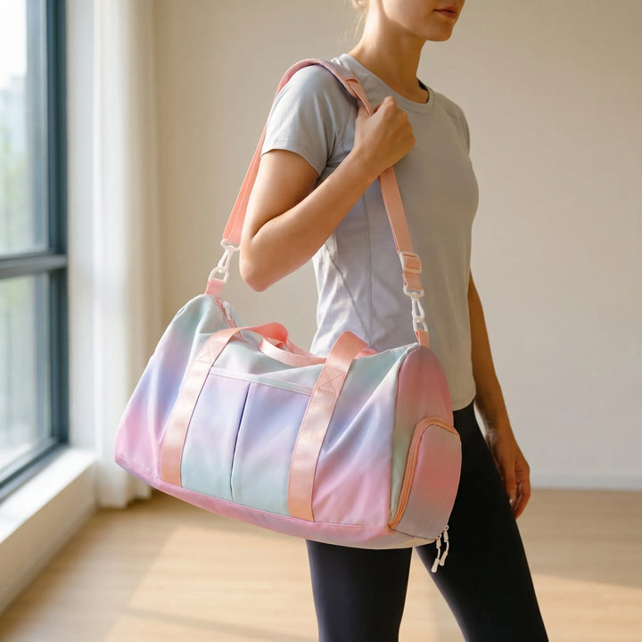Women's fitness gym duffel bag in black, featuring a dedicated shoe compartment. Perfect for workouts and sports.
