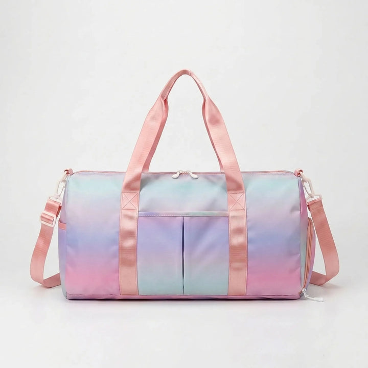 Compact women's gym duffel with shoulder strap, keeping shoes separate. Essential travel and workout bag for active women.