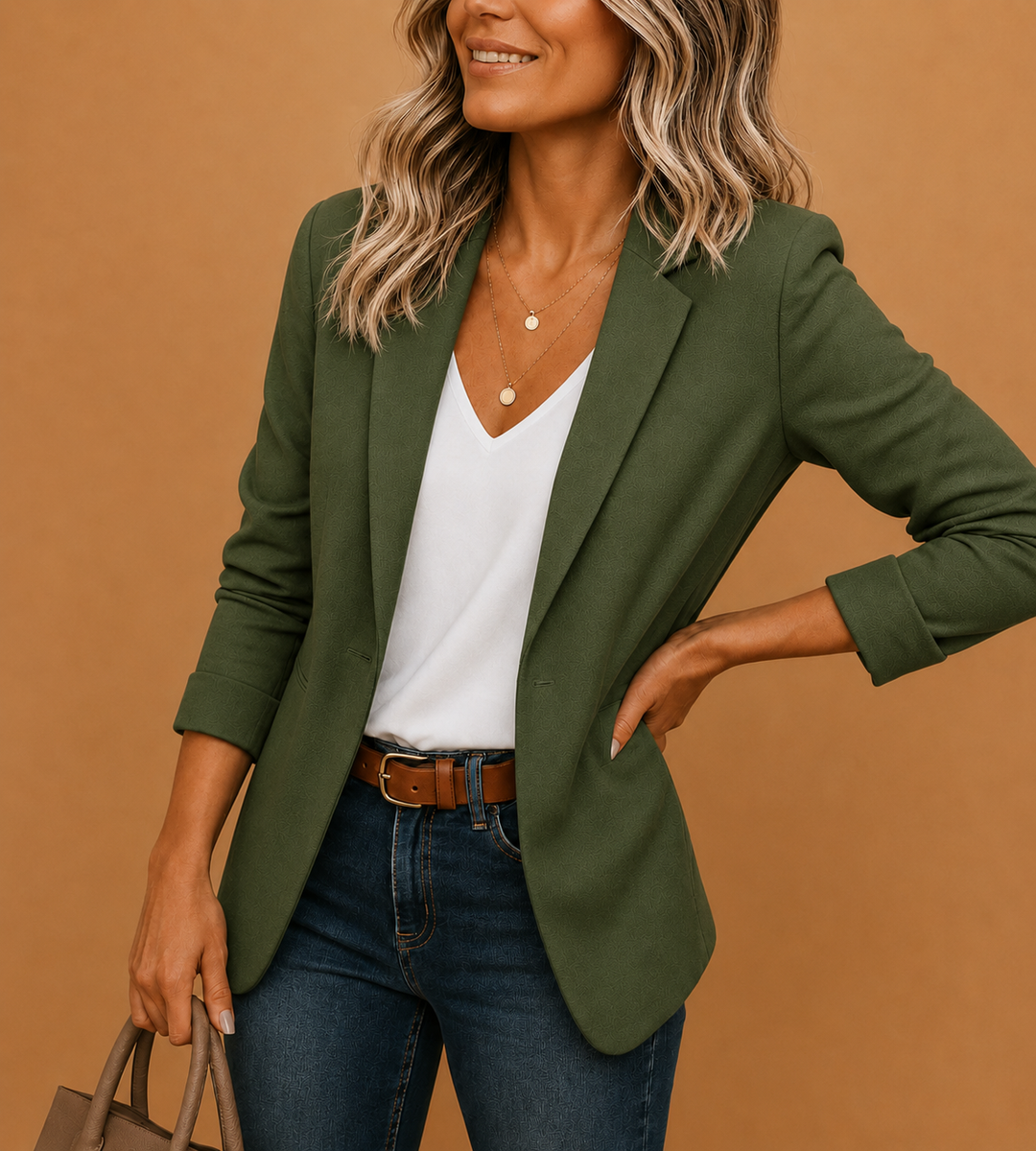 Refined women's tailored blazer, a fitted single-button professional jacket for a polished business look.