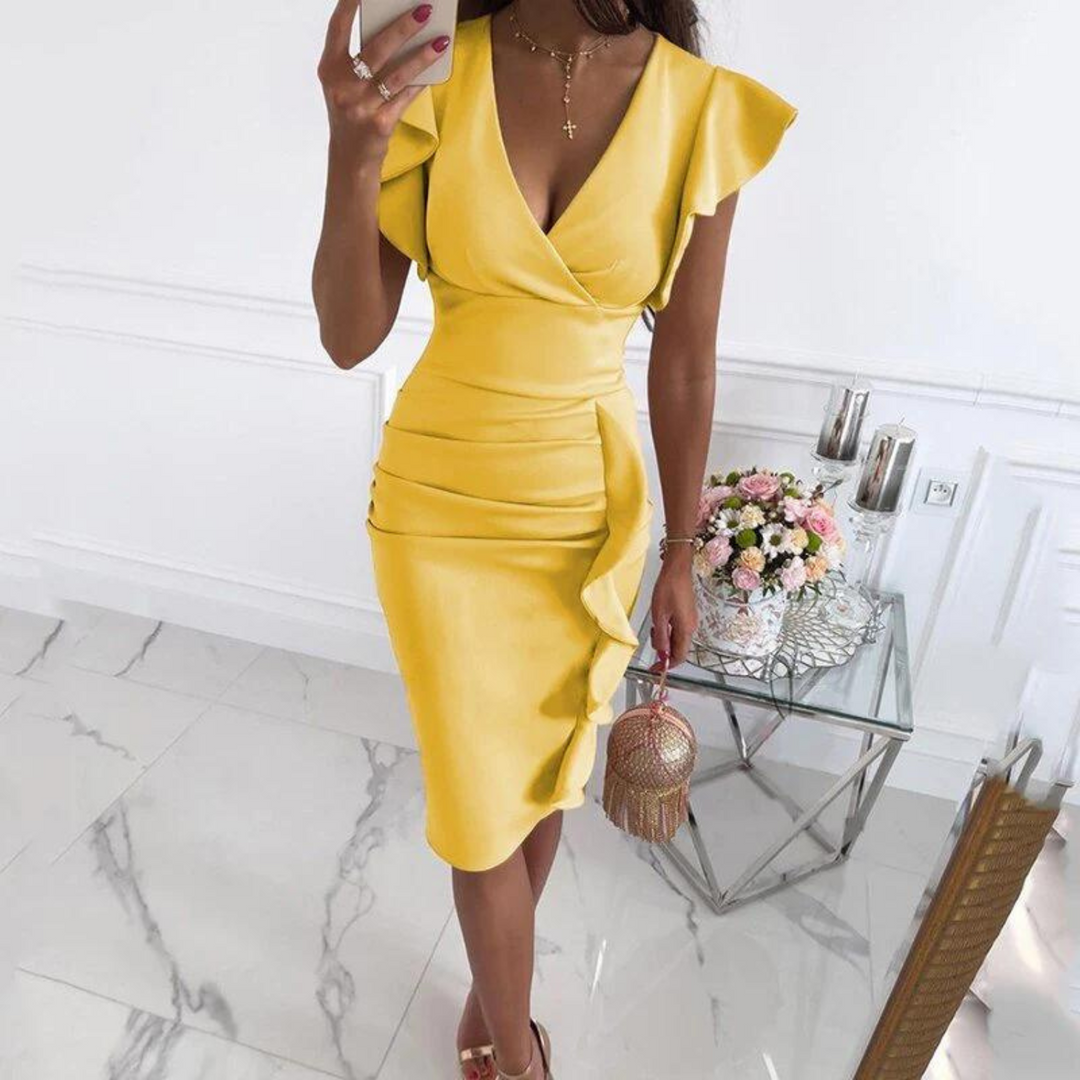 Elegant women's fitted V-neck midi dress, perfect for summer casual wear or day outings.