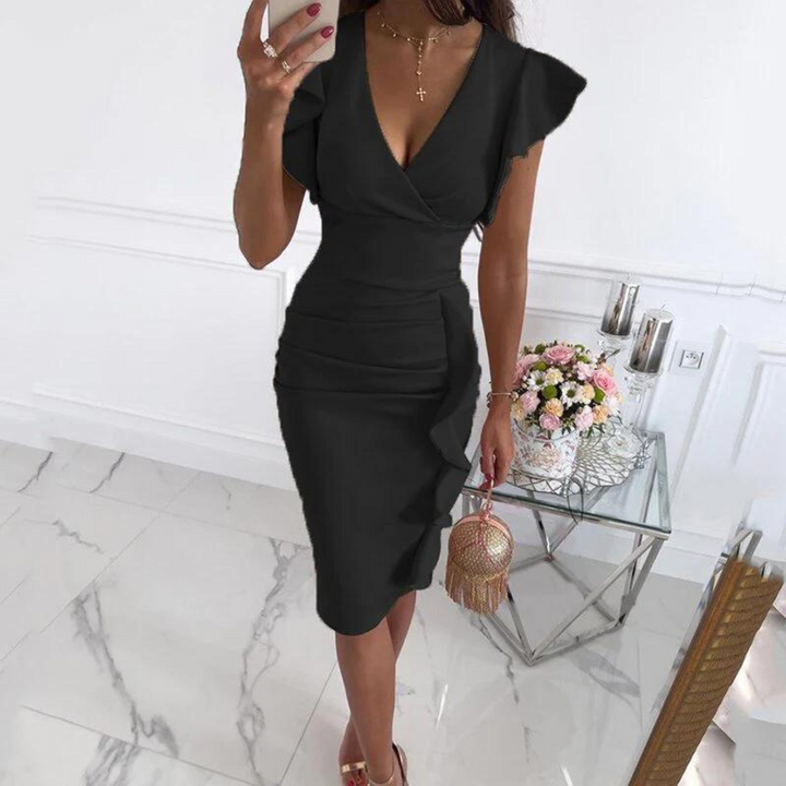 Versatile women's V-neck summer midi dress, ideal for beach days or comfortable everyday wear.
