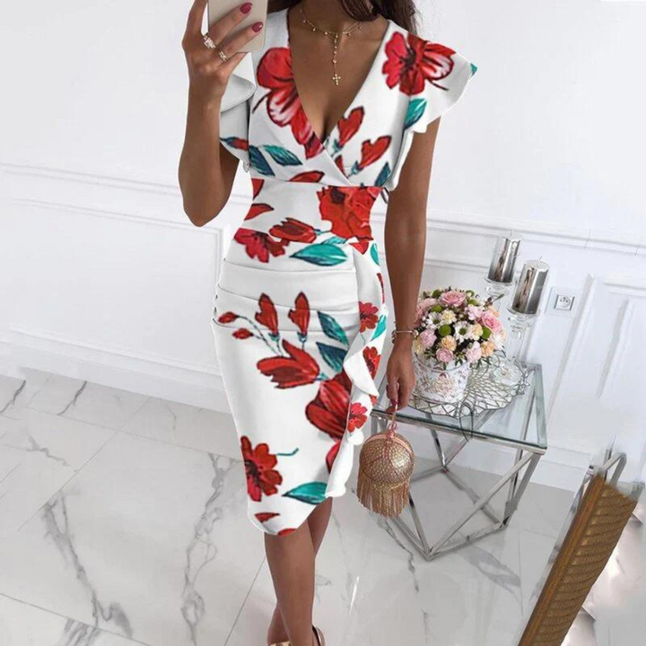 Short sleeve fitted V-neck women's midi dress, a chic and casual choice for warm summer weather.