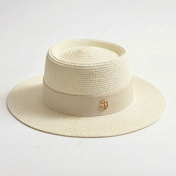 Casual women's flat top sun hat. Wide brim design, perfect for beach, pool, or summer vacation fashion.