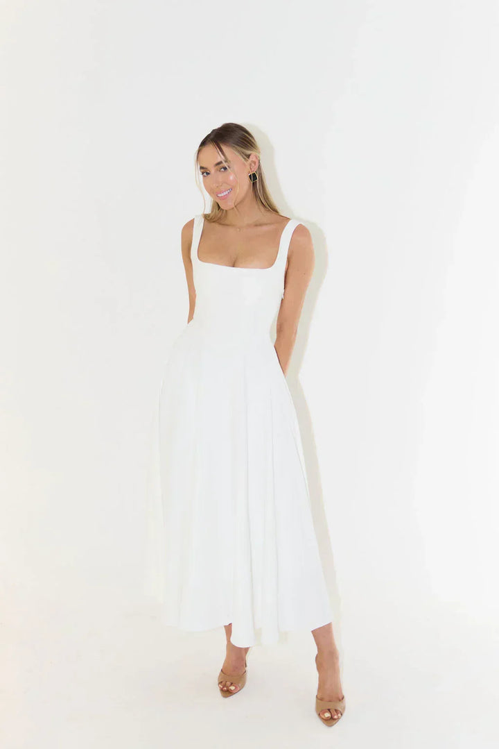 Timeless style women's square neck midi dress, comfortable and flattering for all body types.