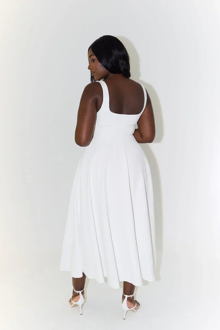 Day-to-night women's square neck midi dress, comfortable & chic for versatile occasion wear.