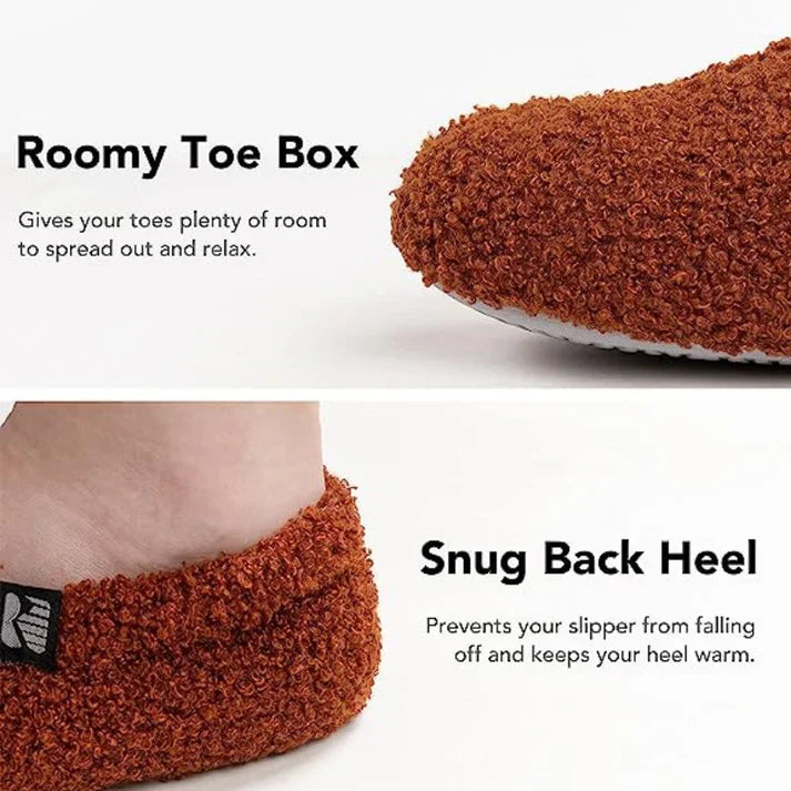 Front view of women's plush closed back house slippers, emphasizing their cozy design for home comfort.