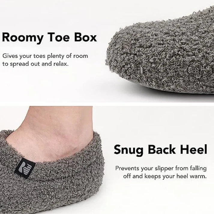 Women's warm fleeced home slippers placed on a cozy rug, perfect for relaxing and staying comfortable indoors.