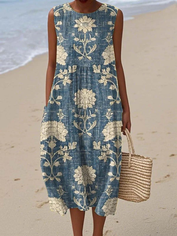 Women's floral A-line sleeveless midi dress, perfect for summer, beach, or casual vacation wear.