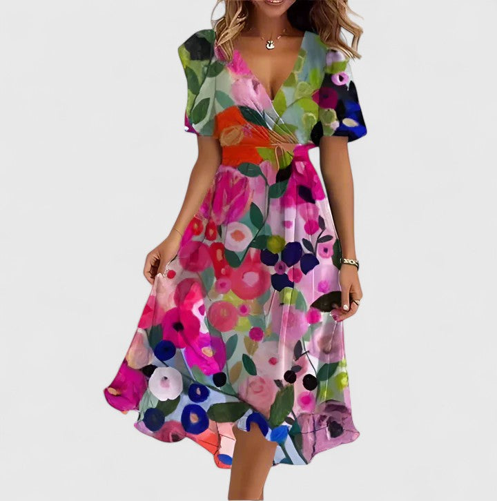Elegant women's floral midi dress with flowing flutter sleeves & V-neck, ideal for everyday wear.