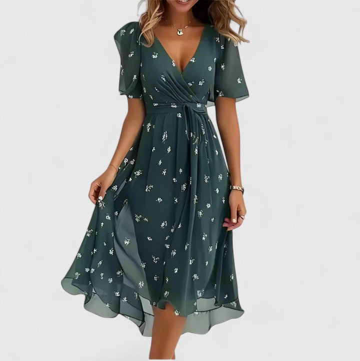 Stylish women's everyday floral midi dress with charming flutter sleeves & flattering V-neckline.